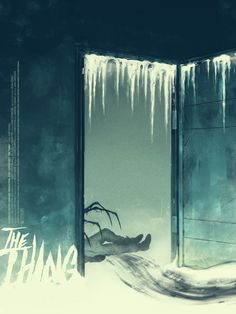 an open door with icicles on it and the words the thing in front of it