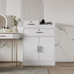 a bathroom with marble walls and flooring next to a white cabinet, mirror and sink