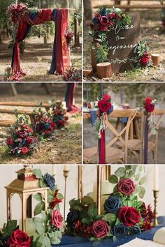 the wedding ceremony is decorated with red and blue flowers, greenery, and candles