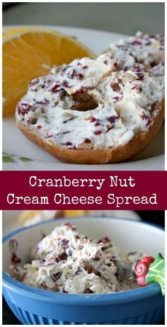 cranberry nut cream cheese spread in a blue bowl next to an orange slice