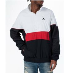 In Excellent Used Condition- Used Once. Airjordan Jacket Size Large. Has Side Zipper Pockets. White Black And Red, The Black Part Has The Classic Cement Pattern. Nike Men's Air Jordan Retro 3 Track Jacket White/Black/Red Aq0942-100 Air Jordan Retro 3, Jordan Jackets, Jordan Retro 3, Retro 3, Jordan Red, Air Jordan Retro, Air Jordans Retro, Jordans For Men, Jordan Retro