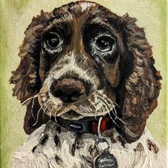 a painting of a brown and white dog