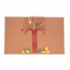 a bulletin board with a tree and leaves on the bottom, in front of a white background