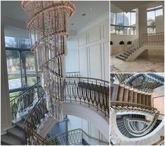 there is a spiral staircase in the middle of this room with glass railings and chandelier