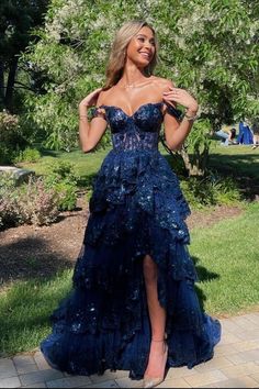 Deb Dress, Prom Dress With Split, Navy Blue Formal Dress, Lace Long Prom Dress, Blue Formal Dress, Prom Dress Inspo, Prom Inspo, Deb Dresses, Dress With Split