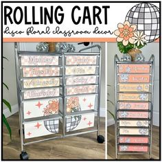 the rolling cart has four drawers and five drawers on each side, with flowers in them