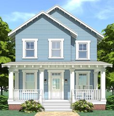 a blue two story house with white trim