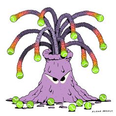 an illustration of a purple plant with tennis balls on it's head and eyes