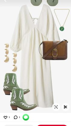 a white dress with green shoes and a brown purse