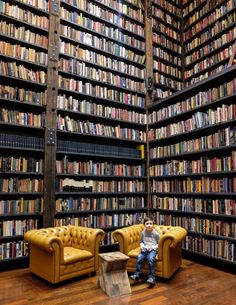 a room filled with lots of books and furniture next to a wall full of shelves