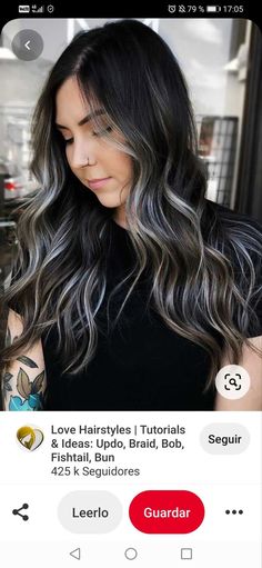 Brunette Blonde Highlights, Jet Black Hair, Hair Color Crazy, Silver Highlights, Black Hair With Highlights, Dark Hair With Highlights, Silver Hair Color, Hair Color Ideas For Brunettes