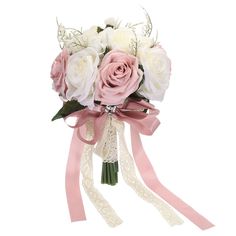 a bridal bouquet with pink roses and white lace on the bottom, tied in light pink ribbon