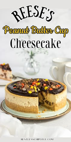 a peanut butter cup cheesecake on a plate with one slice cut out and ready to be eaten