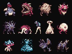 some pixel art with different types of animals and monsters on them, all in different colors