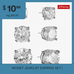 You'll never be left searching for the perfect pair of sparkling stud earrings with this 3-pair cubic zirconia and silver-tone earring set.Metal: Silver-tone metalStones: Cubic ZirconiaDimensions: 0.32x.68 inchJewelry photos are enlarged to show detail.Earring Back: PostEarrings Type: Earring SetsCountry of Origin: Imported Earring Sets, Monet Jewelry, Jewelry Earring, Perfect Pair, Earring Set, Cubic Zirconia, Silver Tone, Color White, Jewelry Earrings