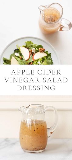 an apple cider vinegar salad dressing in a glass pitcher next to a white plate