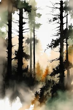 watercolor painting of trees in the woods