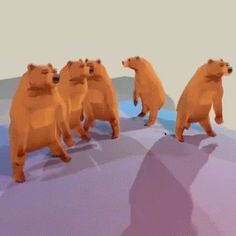 there are five bears walking in the same direction as each other on an ice floet