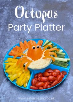 an octopus party platter with carrots, celery and tomatoes on it