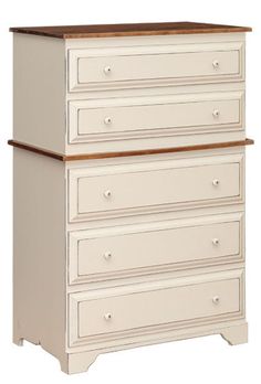 a white dresser with three drawers and two brown top pulls on the bottom drawer, against a white background