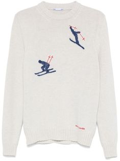 white virgin wool knitted construction skiing jacquard detailing crew neck long sleeves ribbed cuffs and hem embroidered logo to the side logo patch to the rear Vintage Ski Sweater, Skiing Sweatshirt, Apres Ski Sweater, Ski Design, Statement Sweater, Unique Sweater, Ski Sweater, Ski Accessories, Jacquard Sweater