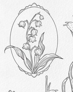 some flowers and plants are drawn in black ink