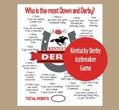 the kentucky derby icebreakerer game is shown in red and white, with an image of