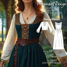 Medieval ren faire maxi dress pattern perfect for beginners Buy old and new models in our store at the best price! 👉https://moanartdesign.etsy.com Special offer: ♥ Free dress pattern is sent with every order placed today. ♥  The amount of fabric required for the model is 4,5 meters.  You will need  hidden zipper for the middle back. Our model is suitable for all woven fabrics.  There is a seam allowance in our pattern. **US Sizes: 2, 4, 6, 8, 10, 12, 14, 16, 18, 20, 22, 24, 26, 28, 30 **Standar Medieval Overdress Pattern, Medieval Robe Women, Ren Fair Dress Pattern, Medieval Patterns Clothing, Robe Sewing Pattern Free, Sew Pattern Dress, Medieval Dress Sewing Pattern, Medieval Sewing Patterns, Easy Wrap Dress Pattern Free