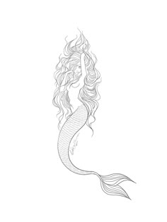 a black and white drawing of a mermaid with her hair blowing in the wind on a white background