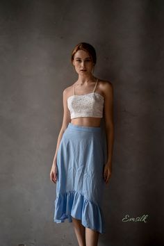 "This design linen set is perfect for summer and fall! 100 % designed and handmade by Emsilk. I am pleased to offer your garments made to measure at no extra cost. * Detail: - This set includes: 1 linen midi skirt with ruffles hem, 1 lace short crop top - Sweetheart lace under top with invisible zip on the back. - Gather on hem Midi skirt - Fully lined - Invisible zipper on the back - High quality linen, washed linen, soft linen - The model is 5'8\" tall and wearing size S. * Care: - Dry clean o Chic Lace Maxi Skirt For Summer, Chic Lace Trim Maxi Skirt For Summer, Breezy Ruffled Maxi Skirt, Flowy Ruffle Midi Dress, Breezy Ruffled Maxi Skirt For Summer, Summer Lace Long Maxi Skirt, Summer Lace Long Skirt, Summer Long Lace Skirt, Long Lace Skirt For Summer