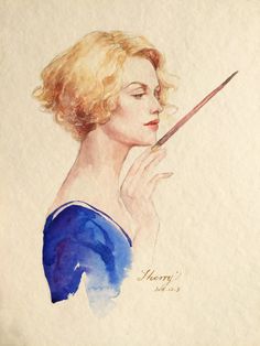 a watercolor painting of a woman holding a brush