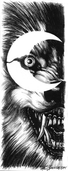 a black and white drawing of a dog's head with teeth on the side