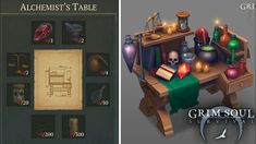 an image of a table with items on it and the text alchemist's table below