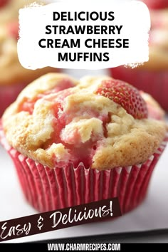 Try these delicious strawberry cream cheese muffins, perfect for breakfast or a coffee treat! Moist and fluffy muffins are generously packed with fresh strawberries and feature a delightful cream cheese filling that melts in your mouth. These strawberry muffins are easy to make and will elevate your afternoon tea. Serve them warm from the oven or enjoy them cold; either way, they deliver a fantastic balance of sweet berry flavor and tangy creaminess. Perfect snack for all strawberry lovers! Strawberry Muffins With Cream Cheese, Ways To Use Strawberries, Strawberry Cream Cheese Recipes, Desserts With Fresh Strawberries, Strawberry Jam Muffins Recipe, Quick Strawberry Desserts, Strawberry Cream Cheese Dessert, Strawberry Muffins Easy, Muffins Cream Cheese