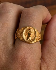 Helios 18K Gold Signet Ring – Olithica Vintage Gold Ring With Halo, Collectible Gold Rings With Historical Design, Gold Spiritual Signet Ring For Ceremonial Occasions, Gold Byzantine Signet Ring For Ceremonies, Gold Byzantine Signet Ring For Ceremonial Occasions, Gold Byzantine Style Ceremonial Signet Ring, Mens Emerald Rings, Mens Rings Fashion, Mens Gold Jewelry