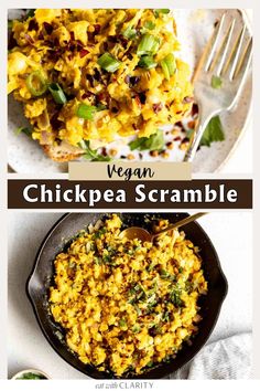 vegan chickpea scramble in a skillet and on a plate with a fork