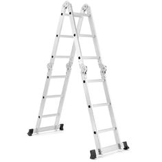 two white ladders with wheels on each side