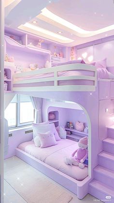 a bedroom with bunk beds and stairs in the ceiling is decorated in pastel colors