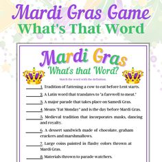 a mardi gras game with the words what's that word in it