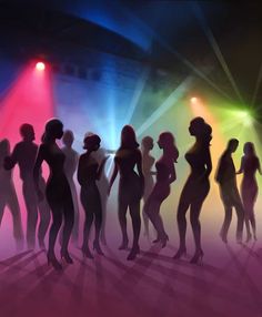 a group of silhouettes standing in front of colored spotlights on a dance floor