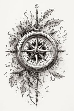 a drawing of a compass with leaves on it