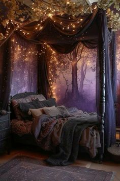 a canopy bed with fairy lights hanging from it's sides in a purple bedroom