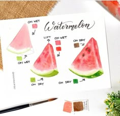 watermelon slices are shown on top of a piece of paper next to some flowers