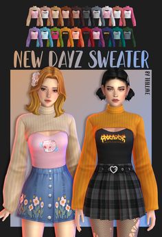 two young women wearing different outfits and posing for the camera, with text new day sweater