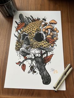 a drawing of a skull on top of a tree with mushrooms and honeycombs