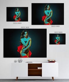 three photos of a woman in blue and red sitting on a white cabinet next to a wall