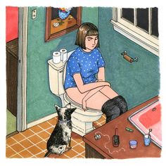 a woman sitting on top of a toilet next to a dog and painting supplies in a bathroom