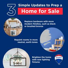 a blue poster with three different things in it and the words, simple updates to prep a home for sale