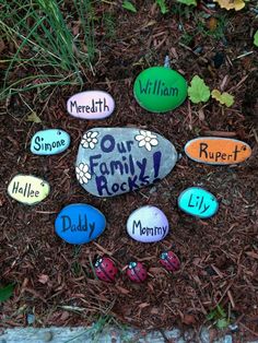 colorful rocks with names and pictures on them in the ground next to flowers, grass and leaves