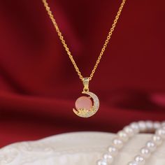 💎 Materials: 14k Gold Electroplated - more durable than regular platings Cubic Zirconia 📐 Length: 40cm + 5cm extension Moon Necklace Pink, Moon Star Necklace, Contemporary Dresses, Pink Moon, Green Item, Moon Star, Star Necklace, Unique Charms, Jewelry Pouch